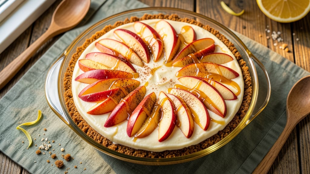 Apple Topped Cheesecake Recipe: Warm Spiced Streusel Hugs Moist Apple Layers