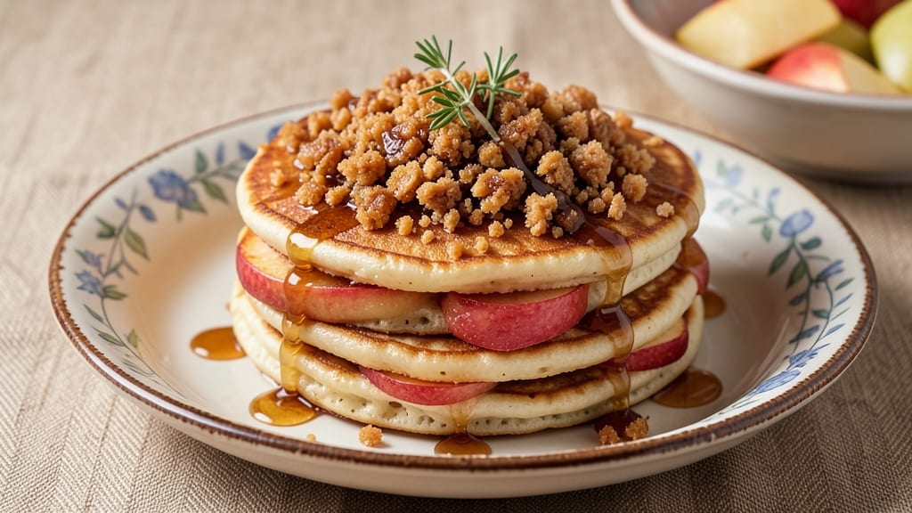 Apple Crisp Pancakes Recipe: Warm Spiced Apple Streusel Over Fluffy Vanilla Layers