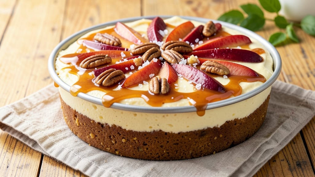 Apple Caramel Pecan Cheesecake Recipe: Spiced Apple Filling With Crunchy Pecan Crown